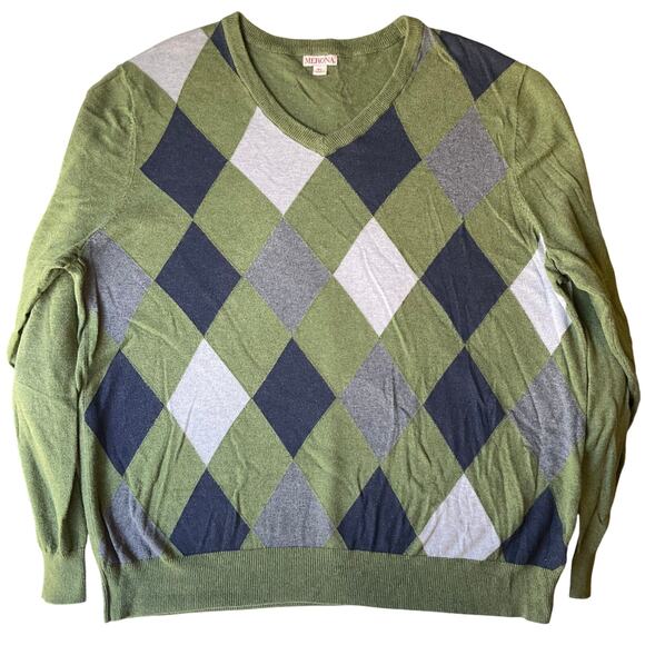 Merona Men Sweater size XL Long Sleeve Knit V-neck Plaid Green & Gray - Picture 1 of 8